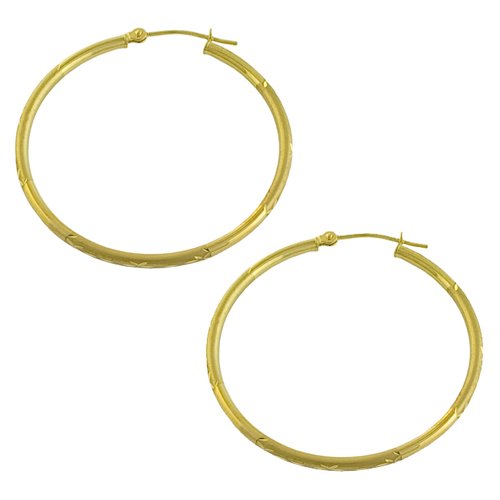 14 Karat Yellow Gold Diamond-Cut Satin Polished Hoop Earrings (35 mm)