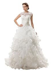 Plus Size A-line Organza/Tulle Cap Sleeves  Illusion Lace Jeweled Beaded Sweetheart Wedding Dress  with a Court Train  With Ruffles