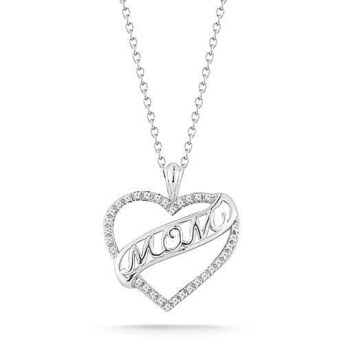 41t8mKIMQYL Sterling Silver Jewelry: Sterling Silver "MOM" Diamond Heart Pendant (0.05 cttw, I J Color, I2 I3 Clarity), 18"