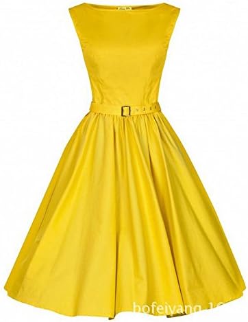Vintage Style 50s 60s Sleeveless High Waist Pin up Rockabilly Dress with Belt Yellow (Tag L)