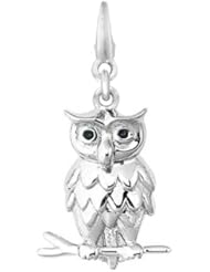 Sterling Silver OWL ON A BRANCH WITH GREEN ENAMEL EYES Charm