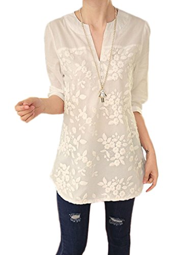 OURS Women's Notch Neck Floral Embroidery Shirt Tunic Top White