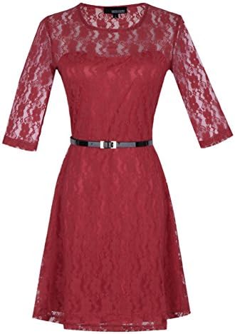 Sumous Women Ladies Sexy Scoop Neck 3/4 Sleeve Lace Dresses With Belt