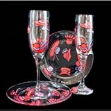 Red Hat Dazzle Design - Hand Painted - Toasting Flutes - 6 oz. & 7 inch Cake Plates