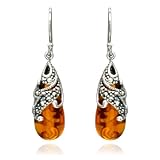 Sterling Silver Marcasite and Orange Glass Teardrop Earrings