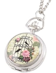 Lady Birds Pink Floral Birdcage Arabic Numbers Dial Metal Pocket Watch