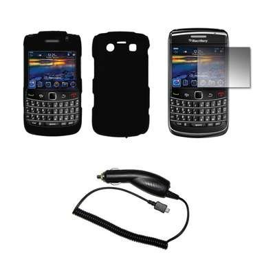 Black Rubberized Snap-On Cover Hard Case Cell Phone Protector + LCD Mirror Screen Protector + Rapid Car Charger Blackberry Bold 9700