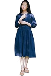 3/4 Sleeves Cotton/Linen Vintage Midi Dress 