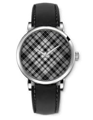 SPRAWL Aanalog Fashion Series Silver Ladies Watches of Genuine Black Leather Strap,Unique Wrist Watch for Women Girls Designed with Black and white grid