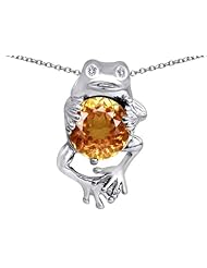 Original Star K (tm) Good Luck Frog Holding Round 10mm Simulated Imperial Yellow Topaz Pendant in 925 Sterling Silver