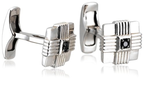 Sterling Silver Cuff Links w/ Ridged Cross Detail and Black Diamond Accent