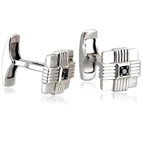 Sterling Silver Cuff Links w/ Ridged Cross Detail w/ 1/10 CTTW Black Diamond