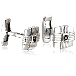 Sterling Silver Cuff Links w/ Ridged Cross Detail w/ 1/10 CTTW Black Diamond