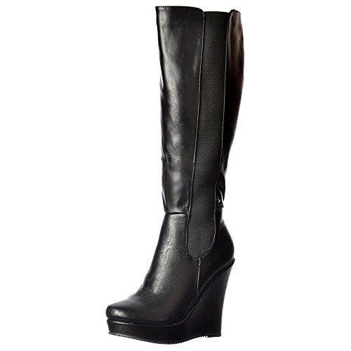 Onlineshoe Women's Elasticated Stretch High Wedge Heel Platform Knee High Boot Black, Brown Stretch Knee High Boots Uk6 - Eu39 - Us8 - Au7