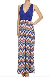 Misses V-neck Halter Sleeveless Shirred Polyester/Spandex Floor Length Chevron Print Maxi Dress 