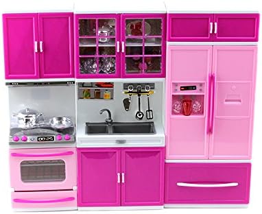 World King Toys Pretend Play Kitchen Stove Sink Refrigerator Battery Operated Toy Doll Playset w/ Lights and Sounds