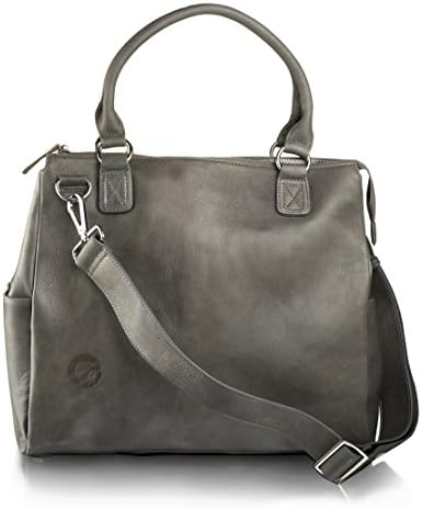 Oemi Leather Diaper Bag ~ 5 Interior Pockets ~ Deluxe Change Pad ~ Wide, Removable Shoulder Strap - Grey
