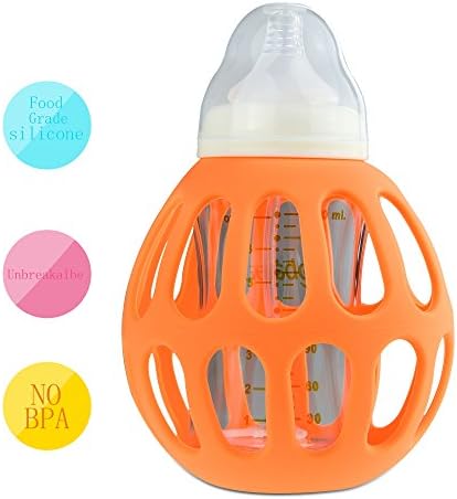 Usabestdeal® Baby Feeding Bottle Set, Including: 200ml Heat-resisting Nursing Bottle + Anti-drop Baby Bottle Holder + Wide Silicone Simulation Nipple +Dustproof Bottle Cap, Be Suitable for Baby More Than 6 Months. (Orange-200ml)