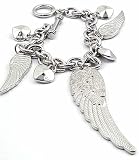 Designer Look Triple Angel Wing Wings & Hearts Charm Toggle Bracelet Silver Tone