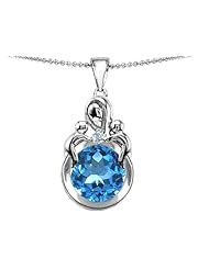 Original Star K (tm) Large Loving Mother With Twins Children Pendant With Round 10mm Simulated Aquamarine in .925 Sterling Silver