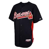 MLB Men's Atlanta Braves Short Sleeve Authentic Button Front Cool Base Batting Practice Jersey (Pro Navy/Pro Scarlet, Large)