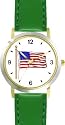 US Flag Waving American Theme - WATCHBUDDY&reg; DELUXE TWO-TONE THEME WATCH - Arabic Numbers - Green Leather Strap-Women's Size-Small