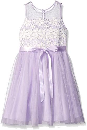 Bloome Big Girls Knit Mesh Dress with Floral Lace Trim, Lilac/White, 10