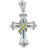 14K White Gold Mens Diamond Cross Pendant with Blue and Yellow Diamonds 2.89 Ctw