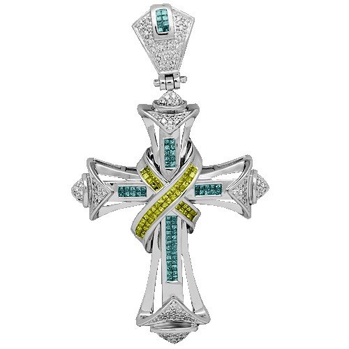 14K White Gold Mens Diamond Cross Pendant with Blue and Yellow Diamonds 2.89 Ctw