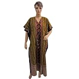 Bohemian Ethnic Print Olive Green Cotton Caftan Kimono Sleeves Resort Wear Kaftan
