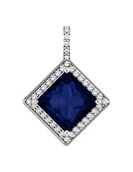 14K White Gold 8.00x8.00mm Princess Cut Chatham Created Sapphire and Diamond Pendant
