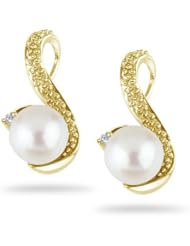 0.01 Cts Diamond & 5.5-6 mm Fresh Water Pearl Earrings in 14K Yellow Gold