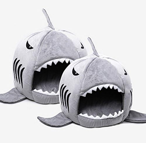 Collapsible Indoor Shark Cave Bed Shelter Pet Round House with Removable Cushion Mat,waterproof Bottom,cotton Soft Warm Rest Nesting. (S W42xh40cm, Grey)