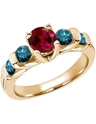 1.88 Ct Round Red Created Ruby Blue Diamond 14K Yellow Gold Ring