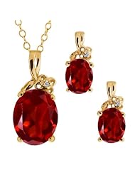 5.67 Ct Oval Red Garnet Gold Plated Sterling Silver Pendant Earrings Set