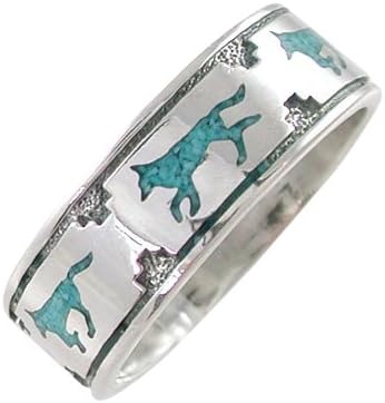 Southwestern Running Wolf Band Ring in Sterling Silver with Stabilized Turquoise for Men or Women, Size 9, #11108