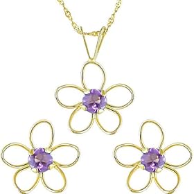 14K Yellow Gold Amethyst Flower Earrings and Pendant Set by Amour