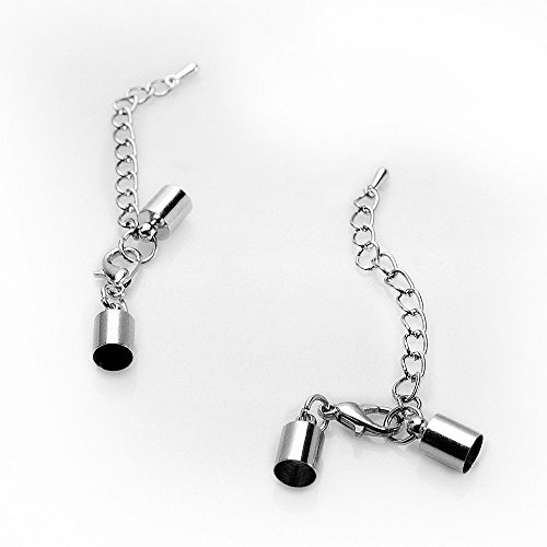 LolliBeads (TM) Silver Plated Barrel Leather Cord Ends With Lobster Clasp and Extension Chain Finish Fits Up To 4.5 mm Cords (10 sets)
