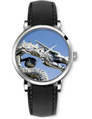 SPRAWL Aanalog Fashion Series Silver Ladies Watches of Genuine Black Leather Strap,Unique Wrist Watch for Women Girls Designed with Stone dragon
