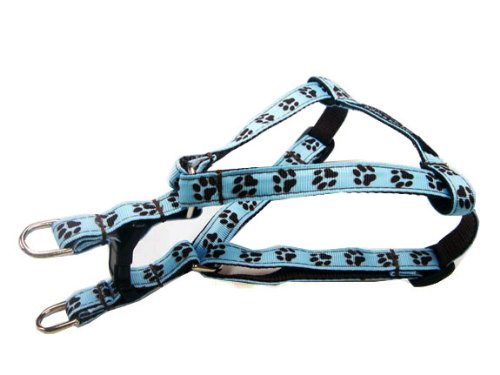 XSmall Blue/Brown Puppy Paws Dog Harness: 1/2" wide, Adjusts 8 - 16".