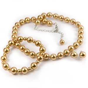 Champagne 10mm Glass Pearl Necklace, Bracelet and Earrin