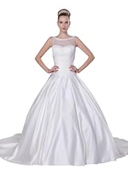 Sleeveless Sheer Lace  Scoop Neck Satin Winter  Ball Gown Wedding Dress  with a Court Train 