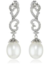 10k White Gold Scroll Design Diamond and Freshwater Cultured Pearl Drop Earrings