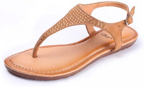 Alexis Leroy Women Casual Roman Gladiator T-strap Flat Sandals (8.5, Khaki)