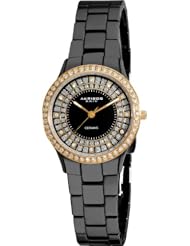 Akribos XXIV Womens AK509BKG Ceramic Slim Quartz with Rose-Tone Accents Black BraceletWatch