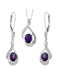14K White Gold Natural Amethyst Lever Back Earrings & Pendant Set Diamond Accent