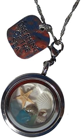 Beach Lover's Locket w/ Real Starfish, Sand Dollar &amp; Seashells &amp; Silver Tag: "Dreaming of the Sea"