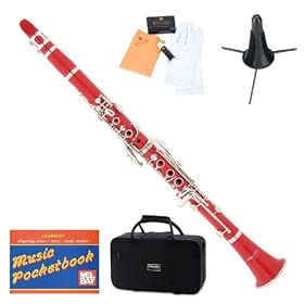 Mendini MCT-R B Flat Red ABS Clarinet w/ Case, Stand, Mouthpiece, Box of 10 Reeds, Cork Grease, & a Pair of Gloves