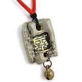 Painted Blue Oriental Stamp With Fine Gold Detail - Cherry Red Woven Accents And Antique Brass Bell Charm - Square Gray Musk Hand Made Ceramic Pendant - Black Necklace