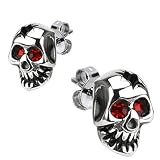 Spikes Mens 316L Surgical Stainless Cracked Skull Red CZ Eyes Stud Earring